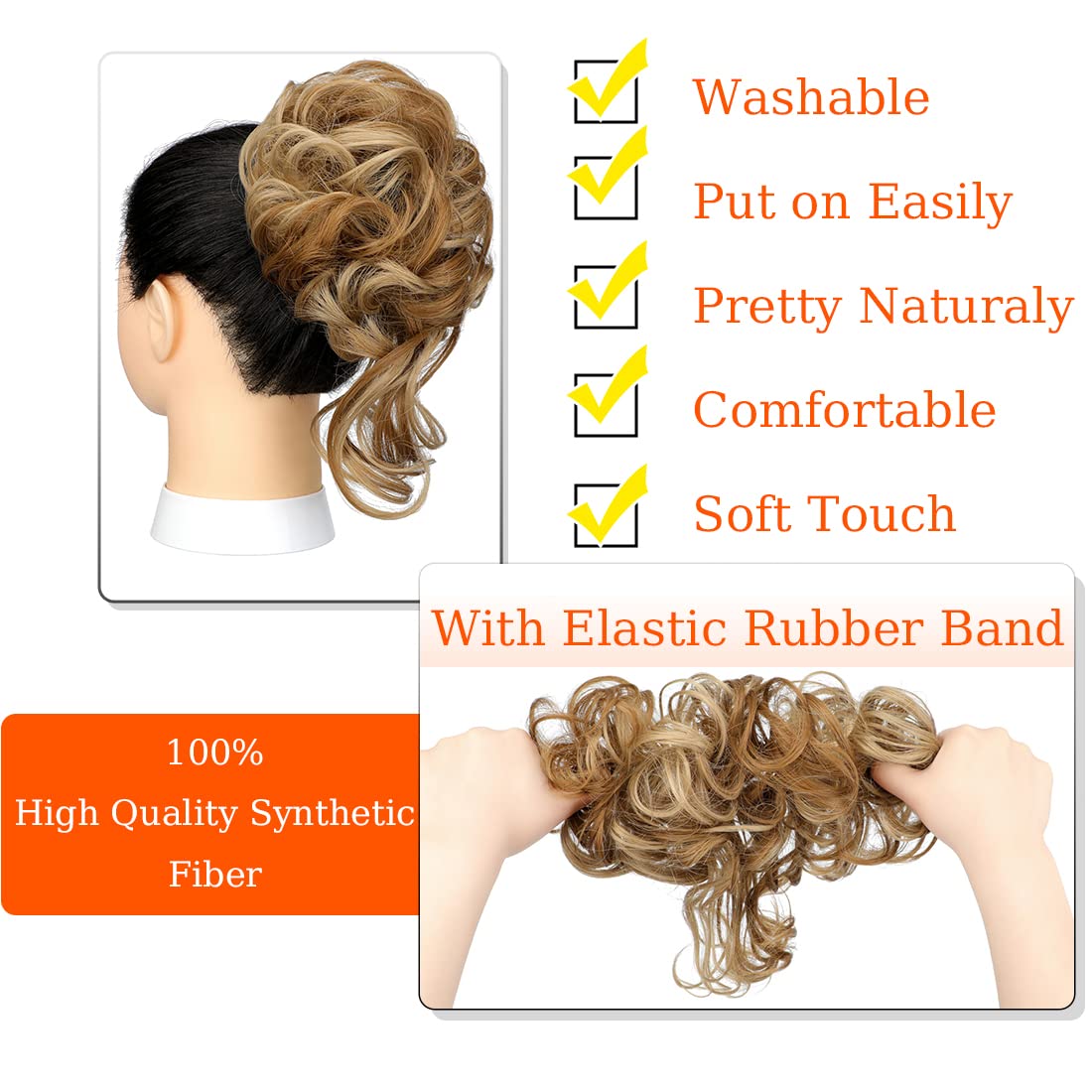 Qunlinta Extensiones de cabello largo ondulado con moño despeinado, extensiones de cabello ondulado para cola de caballo con banda elástica para