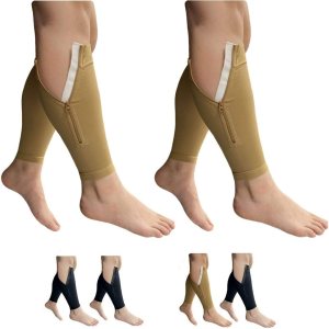 Shin Footless 20-30 mmHg Cremallera Pierna de compresión Pantorrilla 2 Pares Manga, Combo beige Shin Footless 20-30 mmHg Cremallera Pierna de compresión Pantorrilla 2 Pares Manga, Combo beige