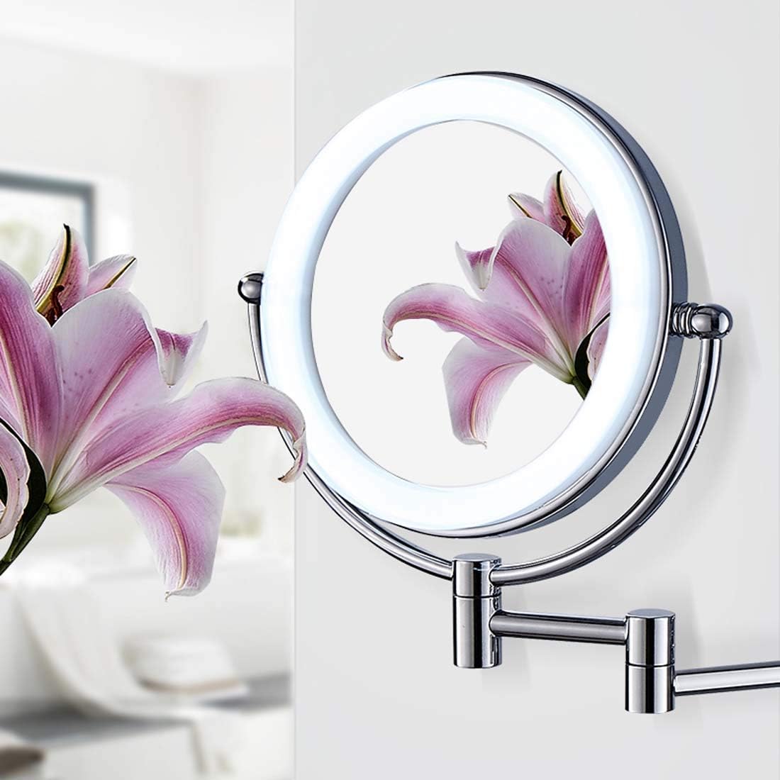 Wall Mounted Lighted Vanity Mirror 8 Inch 1X10X Magnifying Makeup Mirror Bathroom Magnifying Mirror Double Sided Swivel, Shaving Mirror Chrome
