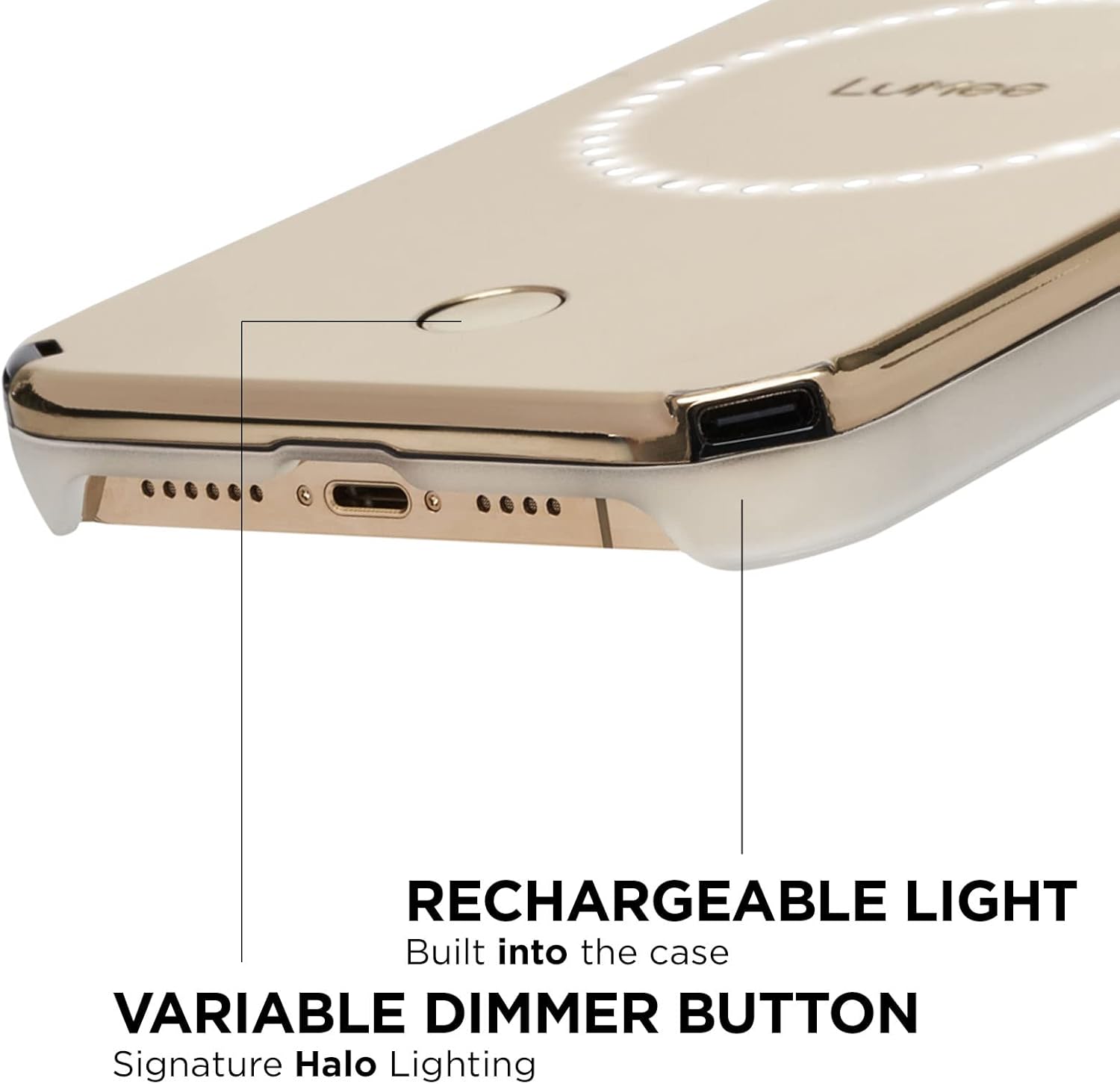 LuMee Halo – Funda iluminada para selfie para iPhone 13 Pro Max – Iluminación LED ajustable incorporada – 6.7 pulgadas – Espejo dorado
