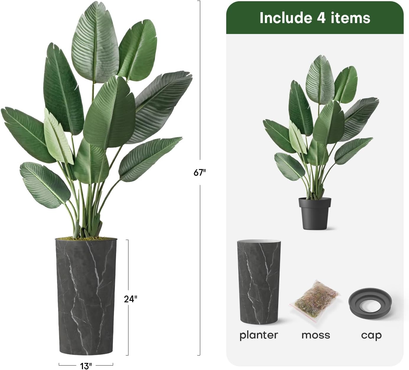 Árbol artificial en macetero con efecto de granito moderno, ave del paraíso artificial de seda para decoración del hogar en interiores y exteriores,