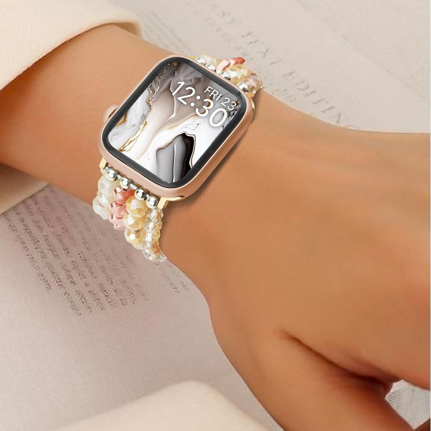 JR.DM Correa de cuentas compatible con Apple Watch Series 987654321SE, elegante, bohemia, bonita, elástica, de cristal, hecha a mano, para iWatch de
