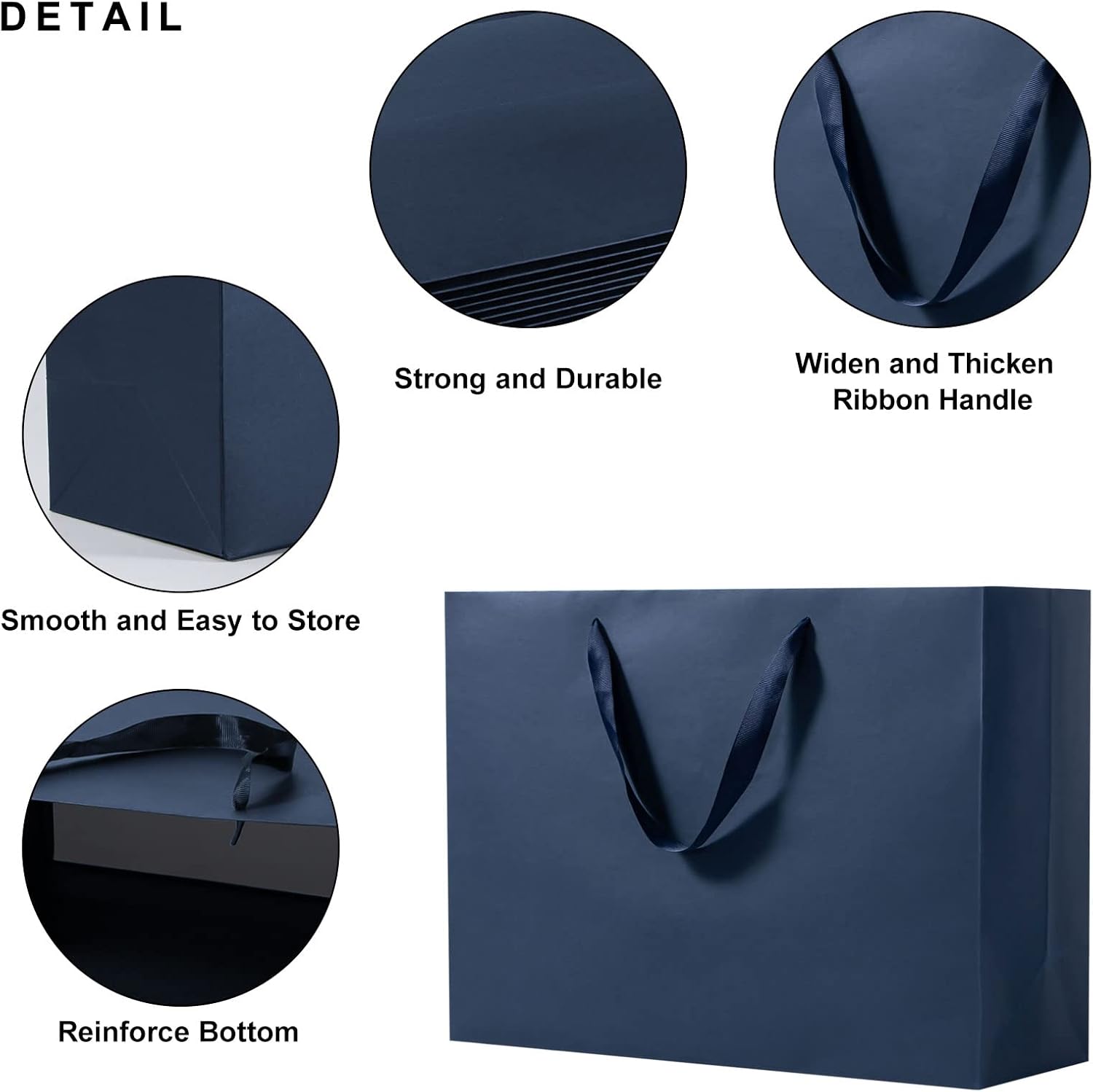 driew Bolsas de regalo grandes, paquete de 12 bolsas de regalo extra grandes azul marino, asas de cinta, bolsas de regalo de papel resistente de