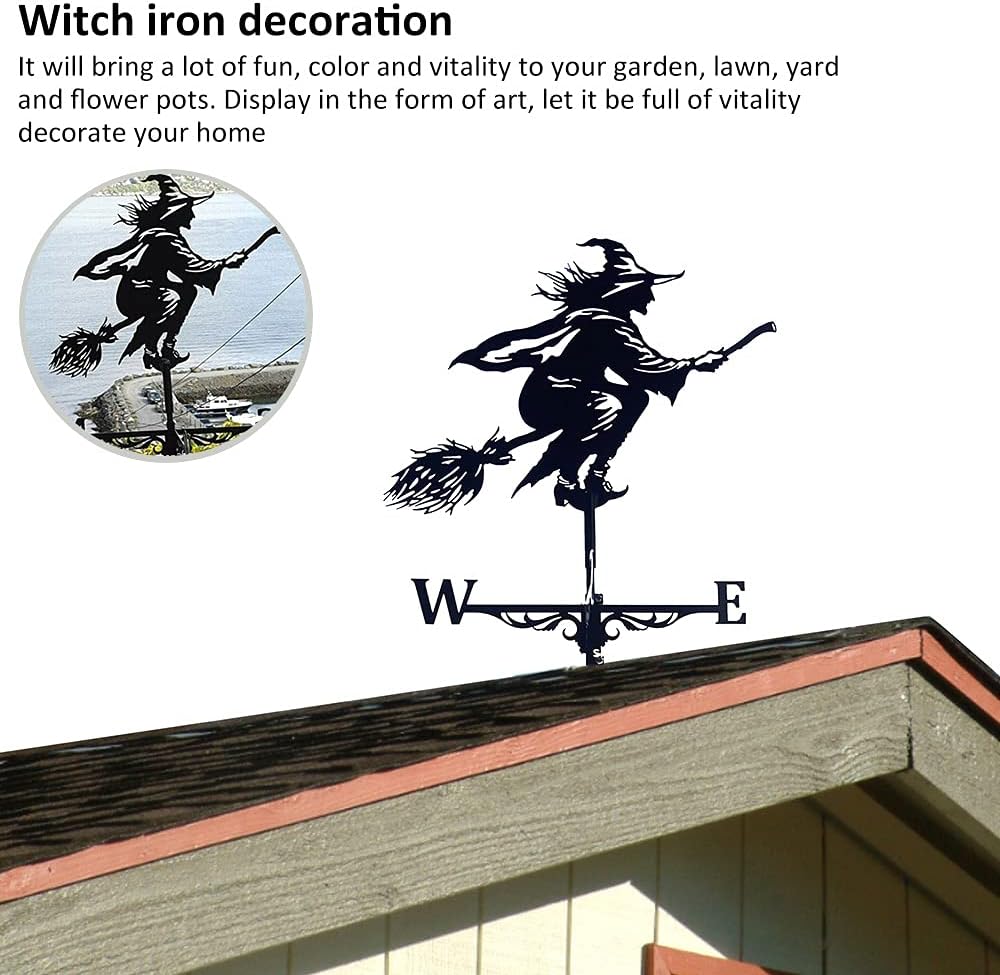 Veleta de bruja para jardín, retro, forma de bruja, campana, indicador de dirección del viento, veleta de jardín, adorno de techo