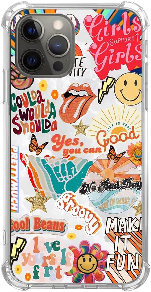 Funda retro de Good Vibes con patrón de mariposa y cara sonriente, compatible con iPhone 15 Pro Max, funda de collage de colores estéticos Trippy