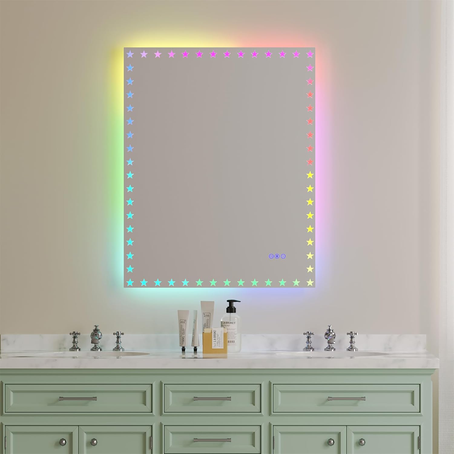 Espejo de baño LED de 40 x 32 pulgadas con luces RGB retroiluminadas antivaho a prueba de roturas, impermeable, regulable, espejo de tocador LED con
