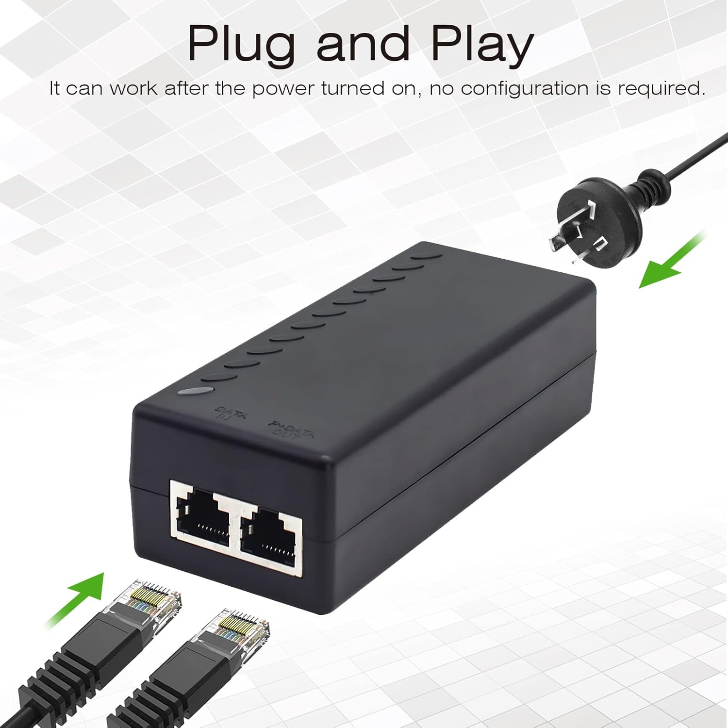 Inyector Gigabit PoE, Inyector PoE+ de 30 W, Adaptador Ethernet PoE+, Adaptador de alimentación a través de Ethernet, RJ45 de 101001000 Mbps, Cumple