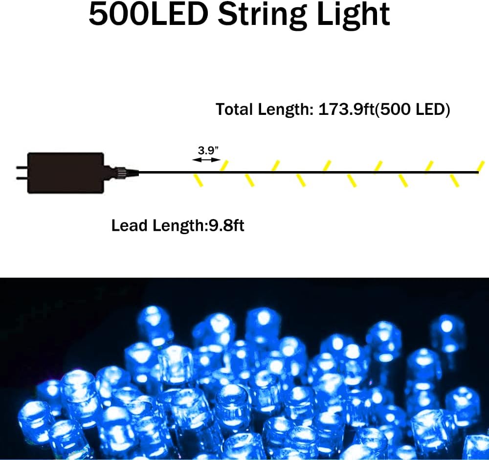 Vicila Guirnalda de 500 luces LED para decoración de Hanukkah, luces colgantes parpadeantes enchufables impermeables para fiestas, Halloween,