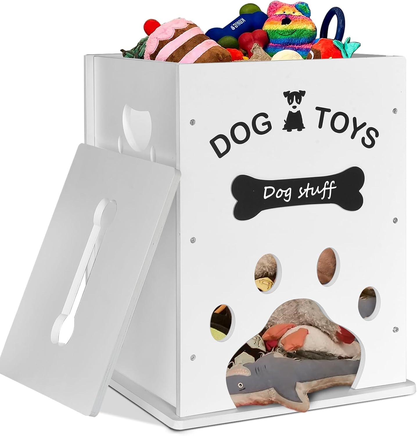 Cesta de juguetes para perros, almacenamiento de alimentos para perros y gatos, organizador de cosas grandes de madera para perros con mango hueco,