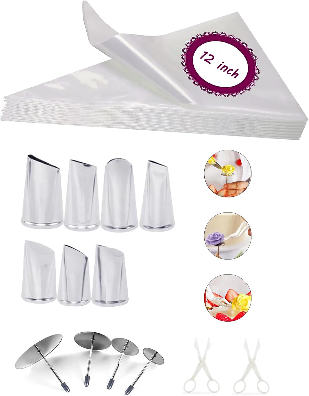 Kit de herramientas para hacer flores de glaseado, 7 puntas de tuberías de flores con 20 bolsas de glaseado desechables, 4 uñas de flores para