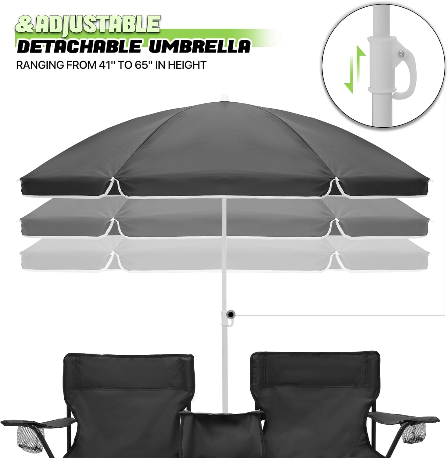 Magshion Silla de campamento doble con paraguas y enfriador para adultos, silla plegable de alta resistencia, color negro