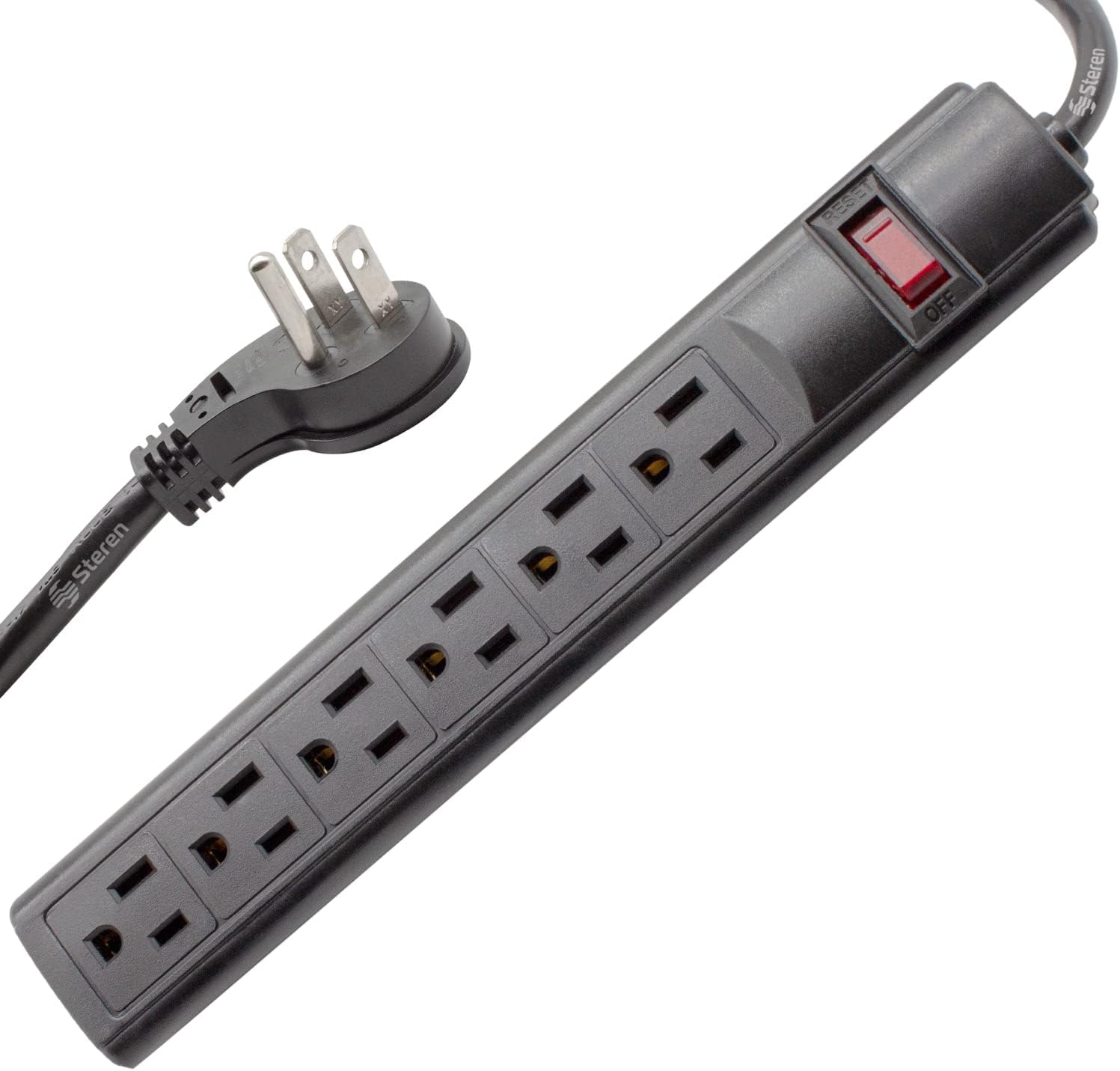 STEREN Tira protectora de sobretensiones de plástico, 6 salidas, cable de 3 pies, enchufe de ángulo recto, 240 julios, negro 905-132