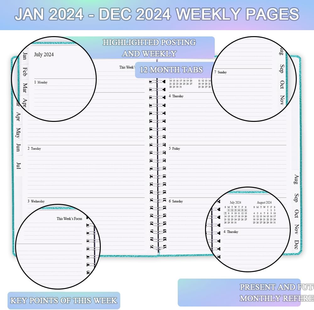 Agenda 2024  Agenda semanal y mensual desde enero de 2024 a diciembre de 2024, 9 x 11 pulgadas, 12 pestañas mensuales, bolsillo interior, funda de