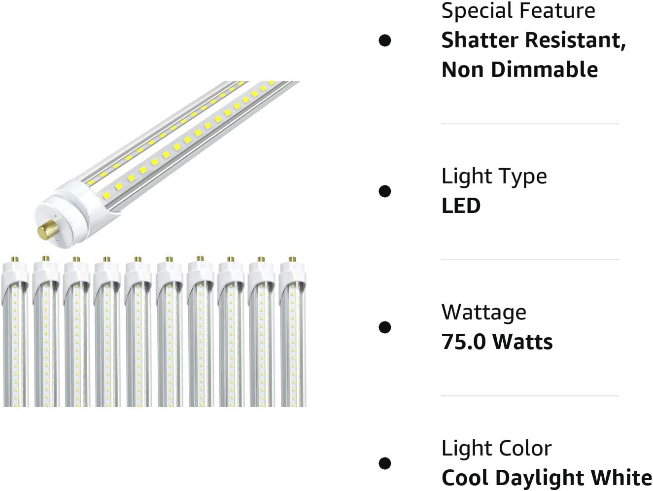 ELEKICO Bombillas LED de 8 pies, 5000 K, 75 W, 9500 lm, 8 pies, bombillas LED de tienda FA8, base de un solo pin en forma de V, cubierta