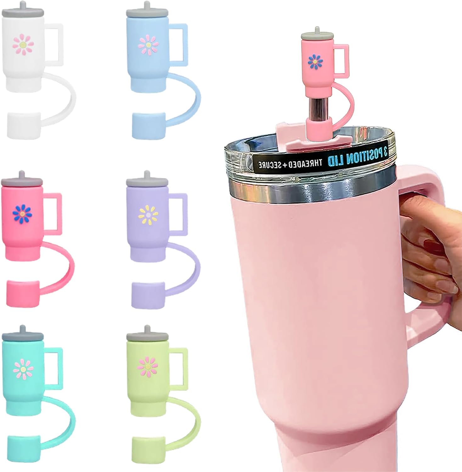 GLBEAR 6 tapas de popote para copa Stanley, cubierta de popote de silicona compatible con vaso Stanley de 30 y 40 onzas con asa, tapa de 0.394 in