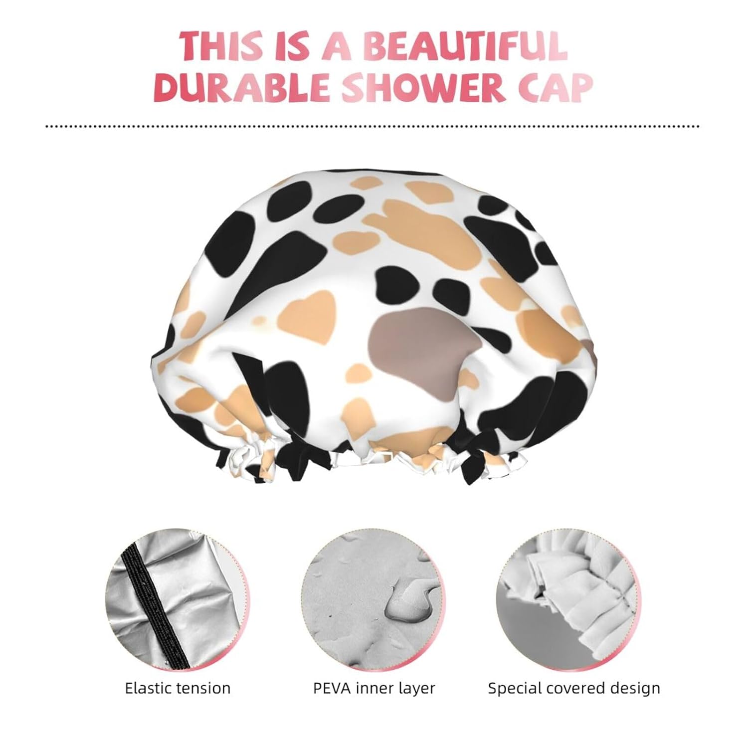 Gorro de ducha con estampado de patas de perro para mujer, elástico y reutilizable, doble capa impermeable