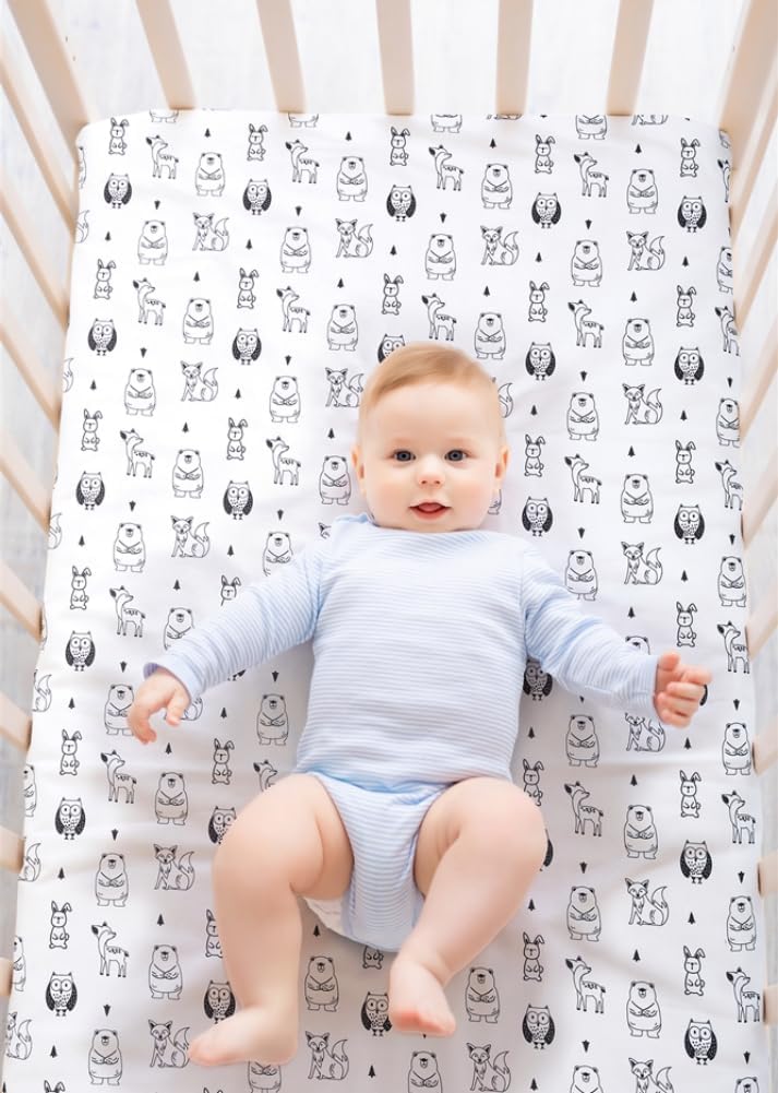 Juego de 4 sábanas ajustables unisex para cuna de bebé, diseño de animales del bosque del bosque, de madera, neutro, para bebés, niños o niñas,