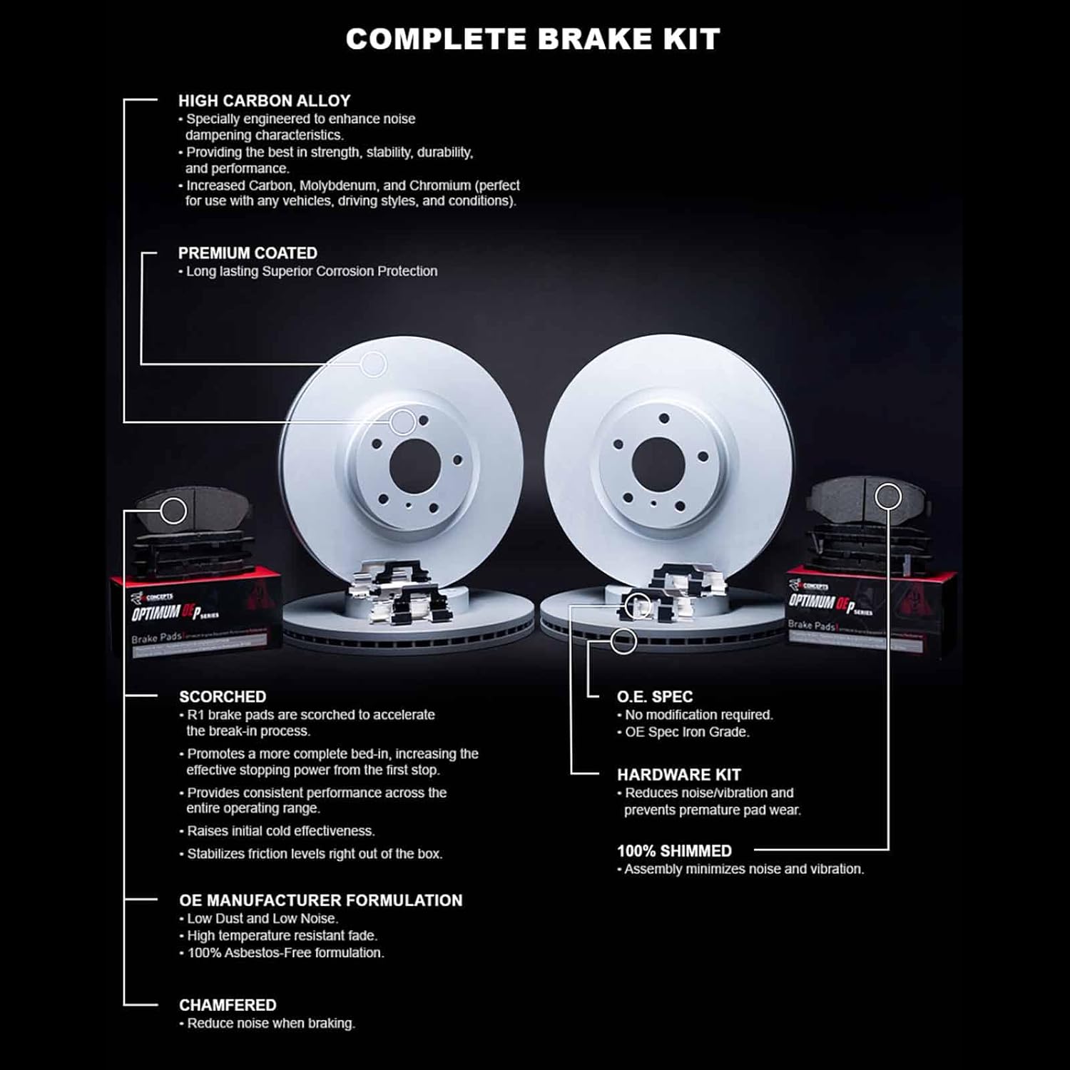R1 Concepts Kit de frenos y rotores traseros delanteros  Pastillas de freno delanteras y traseras Rotores y pastillas de freno  Optimum OEp