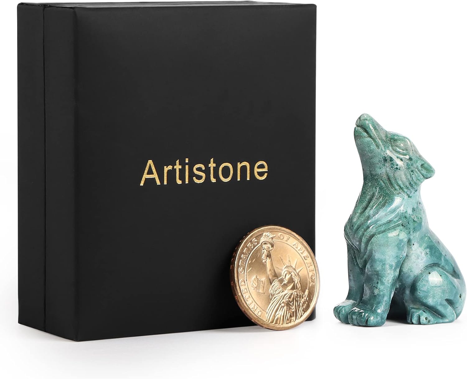 Artistone Estatua de lobo de cristal de jaspe oceánico de 2.0 pulgadas, figura de lobo deseada a mano, escultura de animales, piedra curativa para
