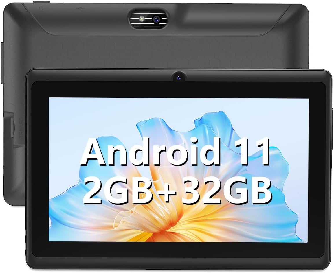 WXUNJA Tablet Android 11, 2+4GB RAM 32GB ROM, procesador de cuatro núcleos, cámara dual, WiFi, conector para auriculares de 0.138 in, FM Bluetooth,