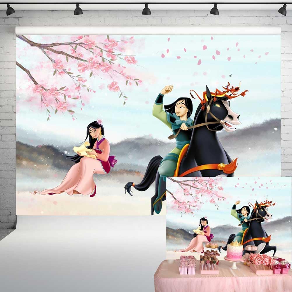 Telón de fondo de princesa Mulan para fiesta de primer cumpleaños, árbol florecido, cartel de baby shower para mesa de pasteles, 7 x 5 pies, 234