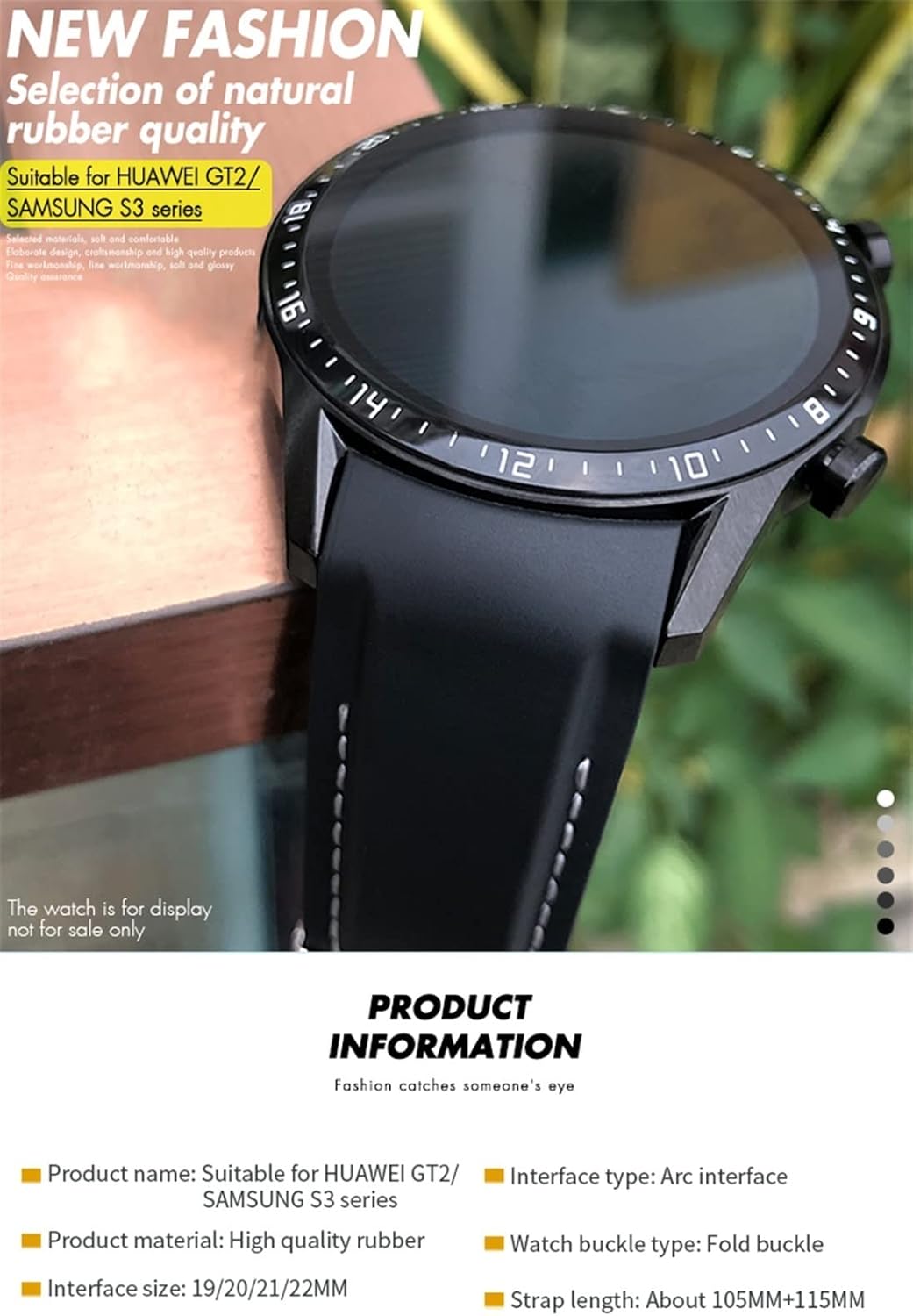 Correa de reloj de goma de 0.866in y 0.787in, correa de silicona de extremo curvado para Huawei GT2 PRO Watch Classic Black Bracelet