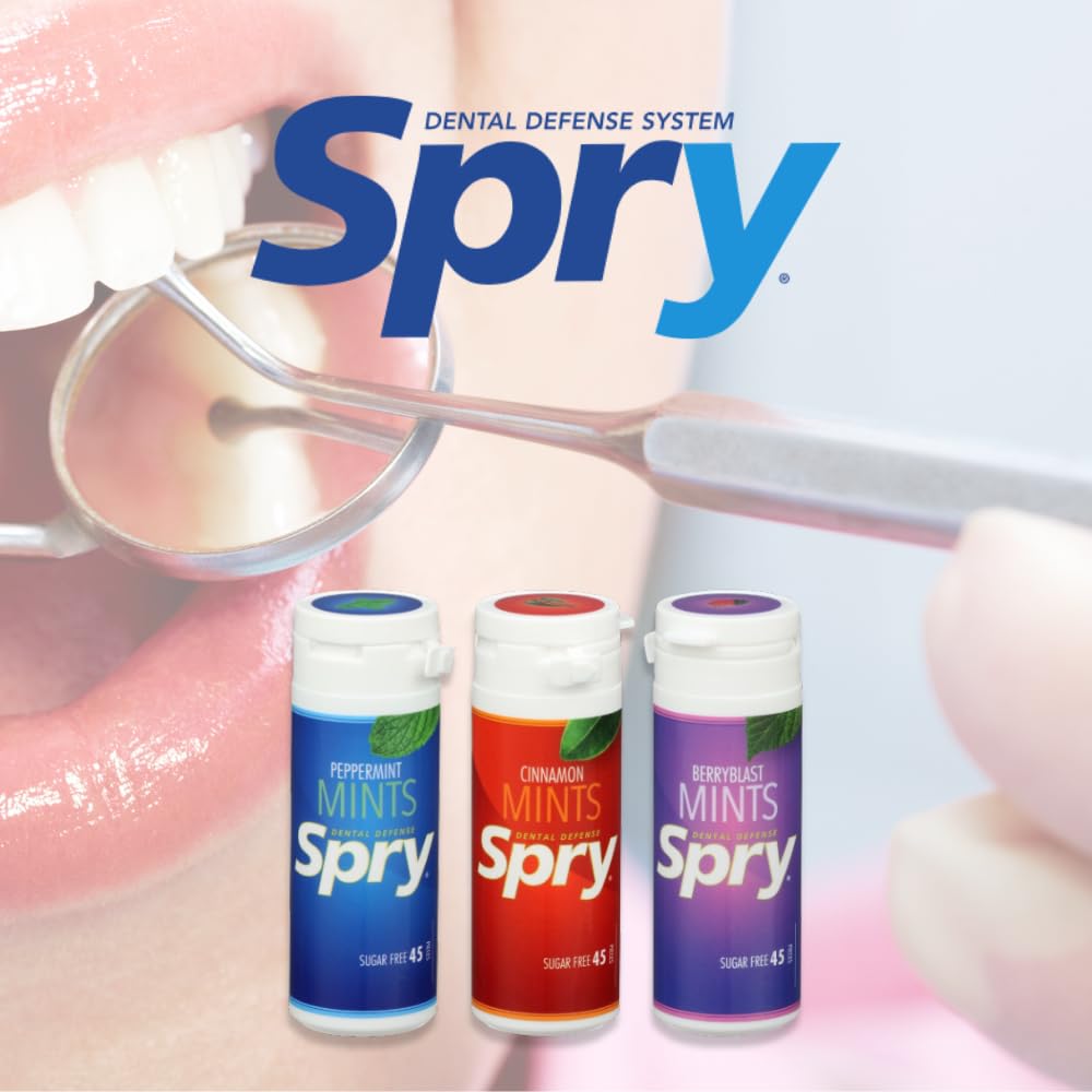 Spry – Paquete variado de 6 mentas 100% xilitol, sin azúcar, sin gluten, naturales, sin OMG para la salud bucal, cuidado de las encías, defensa