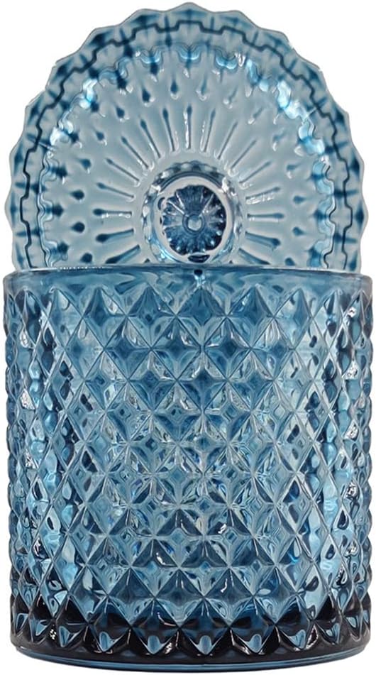 Sizikato Tarro de cristal facetado de diamante con tapa, tarro decorativo azul de 18 onzas, tarro de nuez, frasco de almacenamiento de frutas secas.