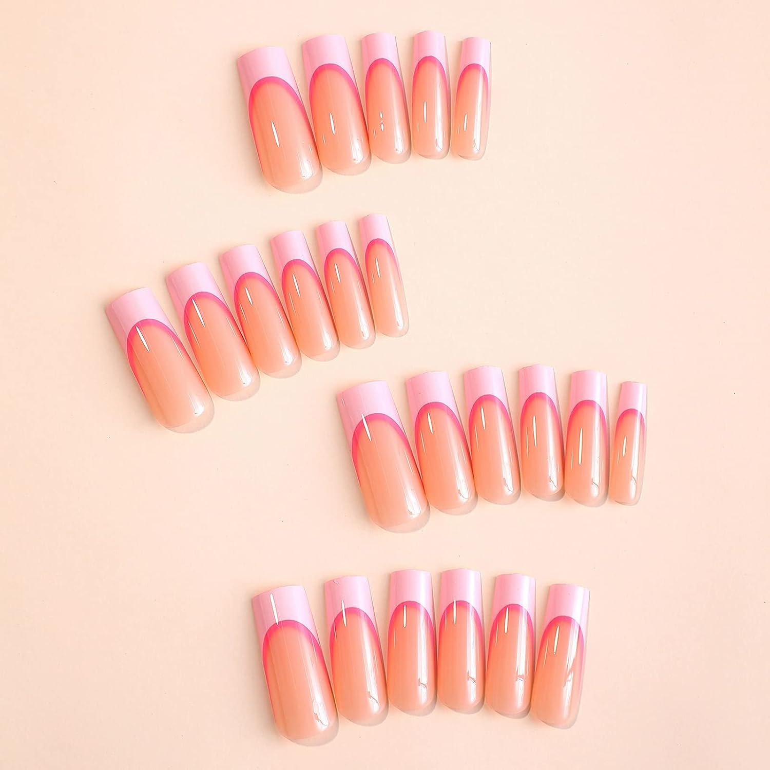 MISUD 24 uñas largas cuadradas a presión, uñas postizas Squoval, uñas postizas brillantes con pegamento en uñas rosadas de punta francesa, uñas