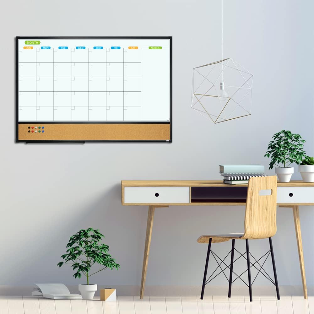 JILoffice Calendario magnético con combinación de pizarra blanca y tablero de corchos de anuncios, tablero combinado de 36 x 24 pulgadas, paquete de