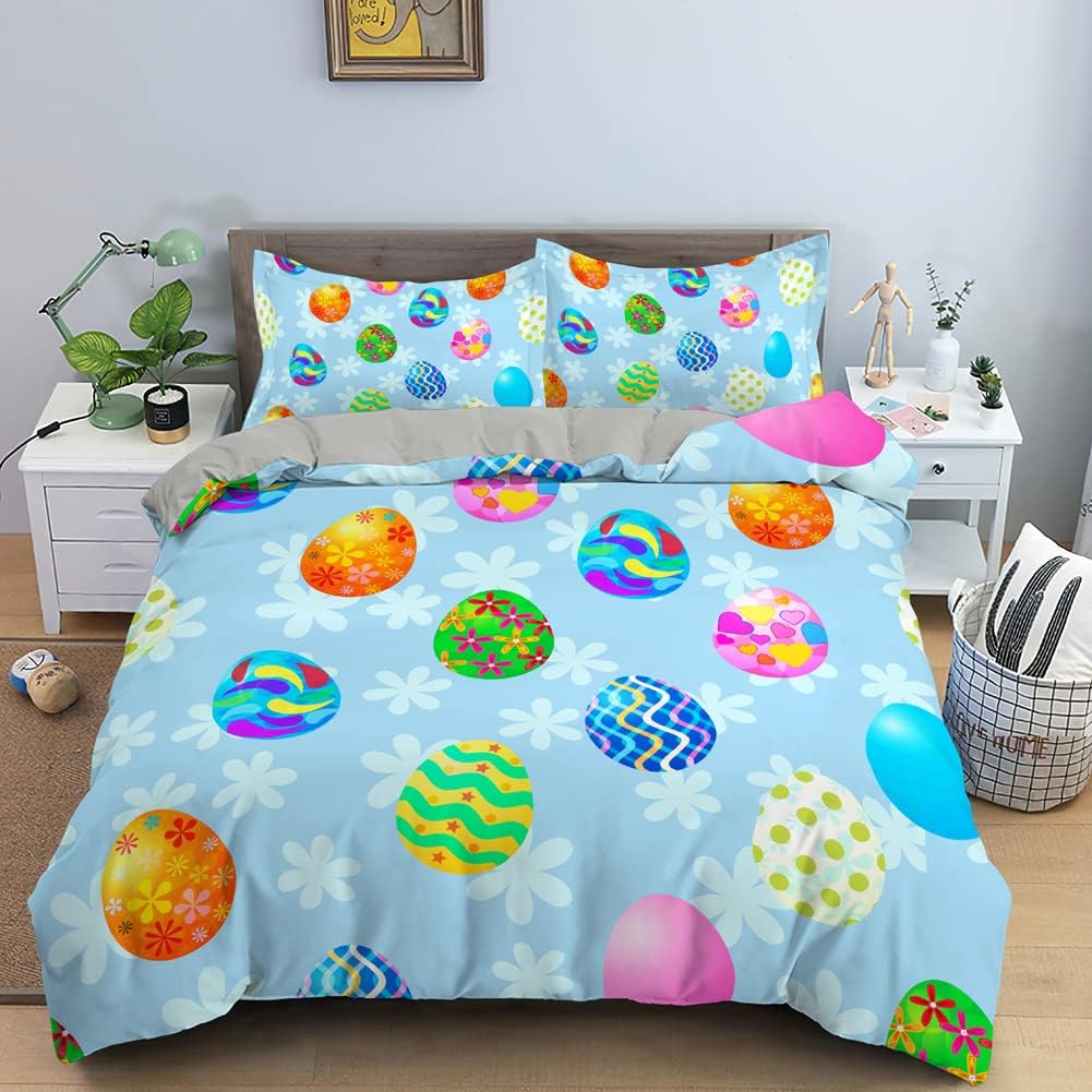 Juego de funda de edredón tamaño Queen con diseño de huevos de Pascua, juego de funda de edredón de microfibra suave con cierre de cremallera (1
