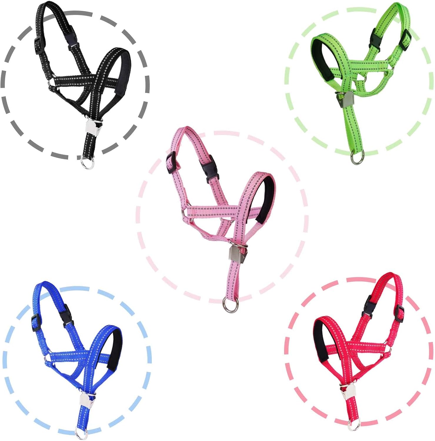 OHVEECA Collar de cabeza de perro con correa reflectante ajustable para evitar tirones de la cabeza del perro con clip de seguridad, arnés acolchado