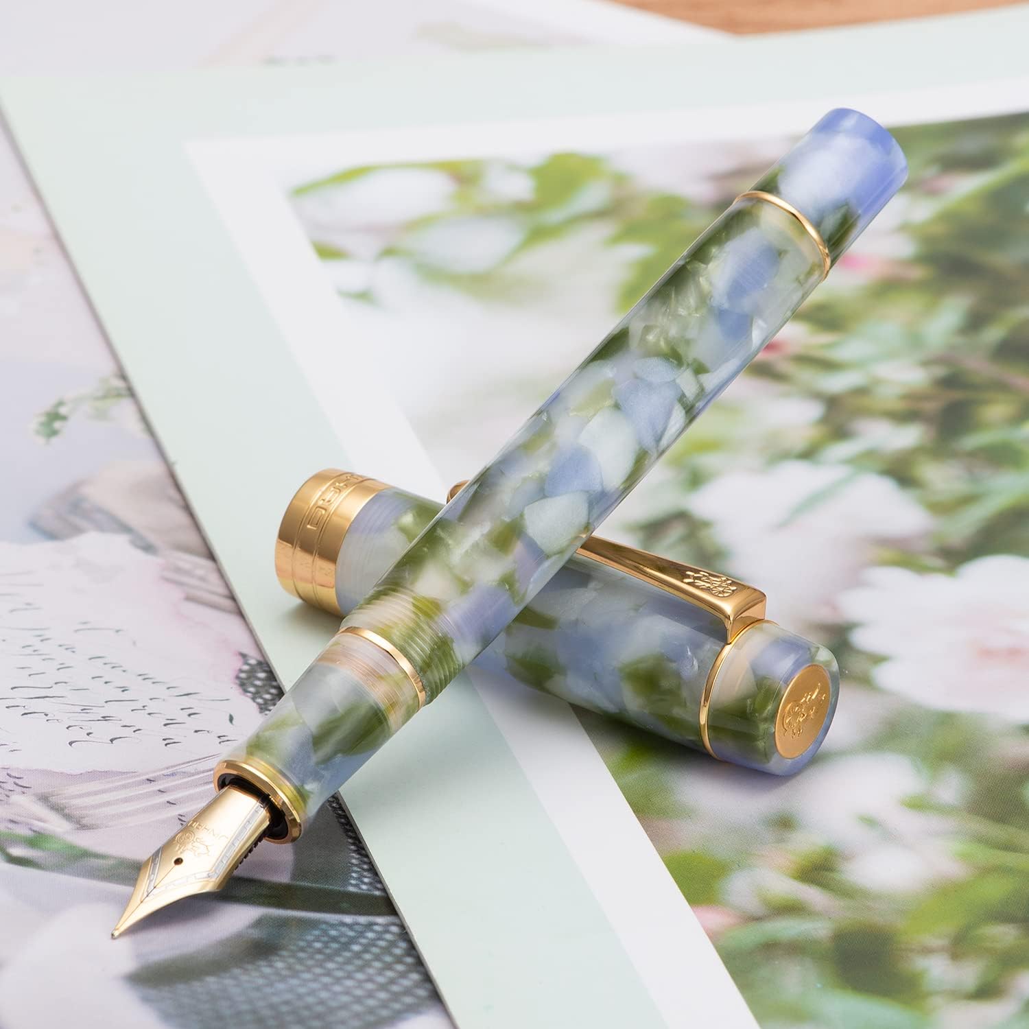 Jinhao – Pluma estilográfica clásica de celuloide azul y verde, punta extrafina con conveter y estuche para bolígrafos