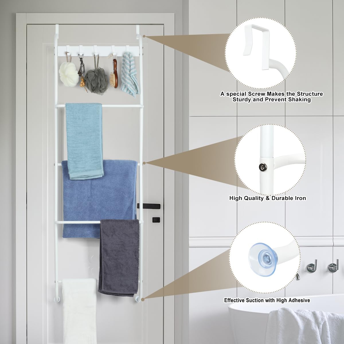 Toallero de 5 niveles para colgar en la puerta del baño, toallero de puerta de baño, soporte para manta de puerta para ropa, toallas de mano,