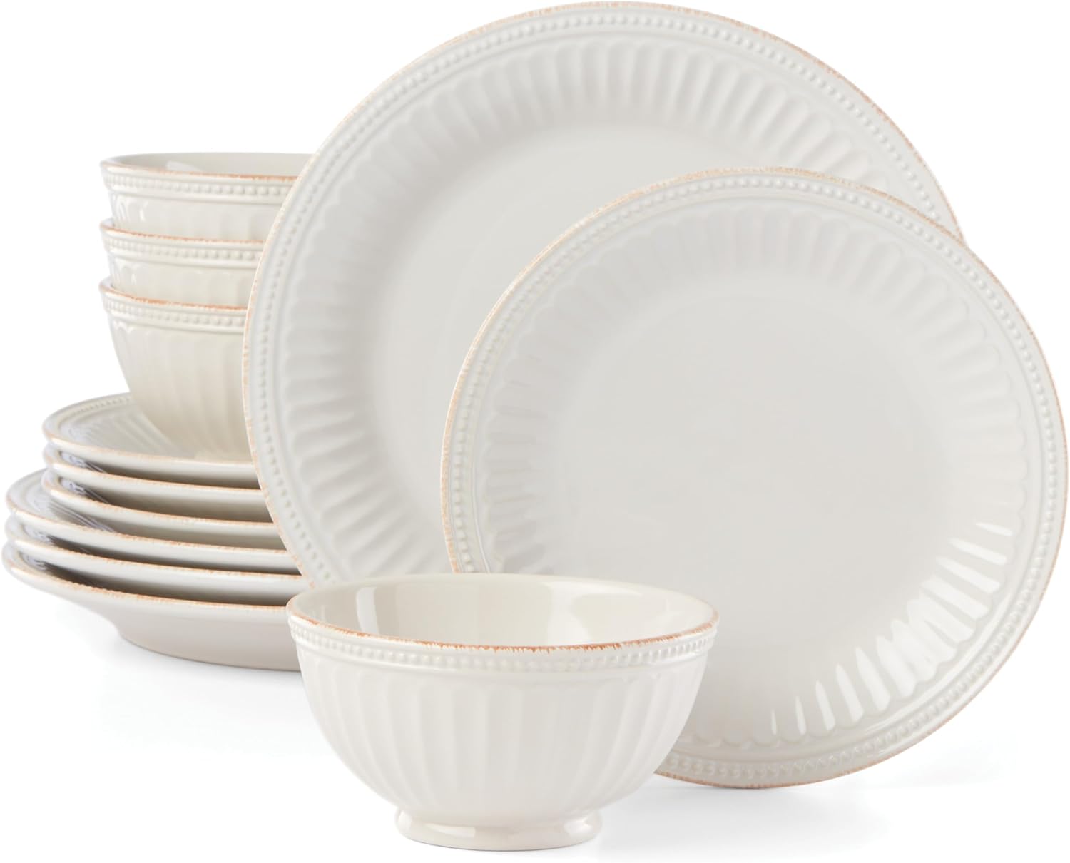 Lenox French Perle Groove – Juego de platos y cuencos de 12 piezas, 23.05 libras, color blanco