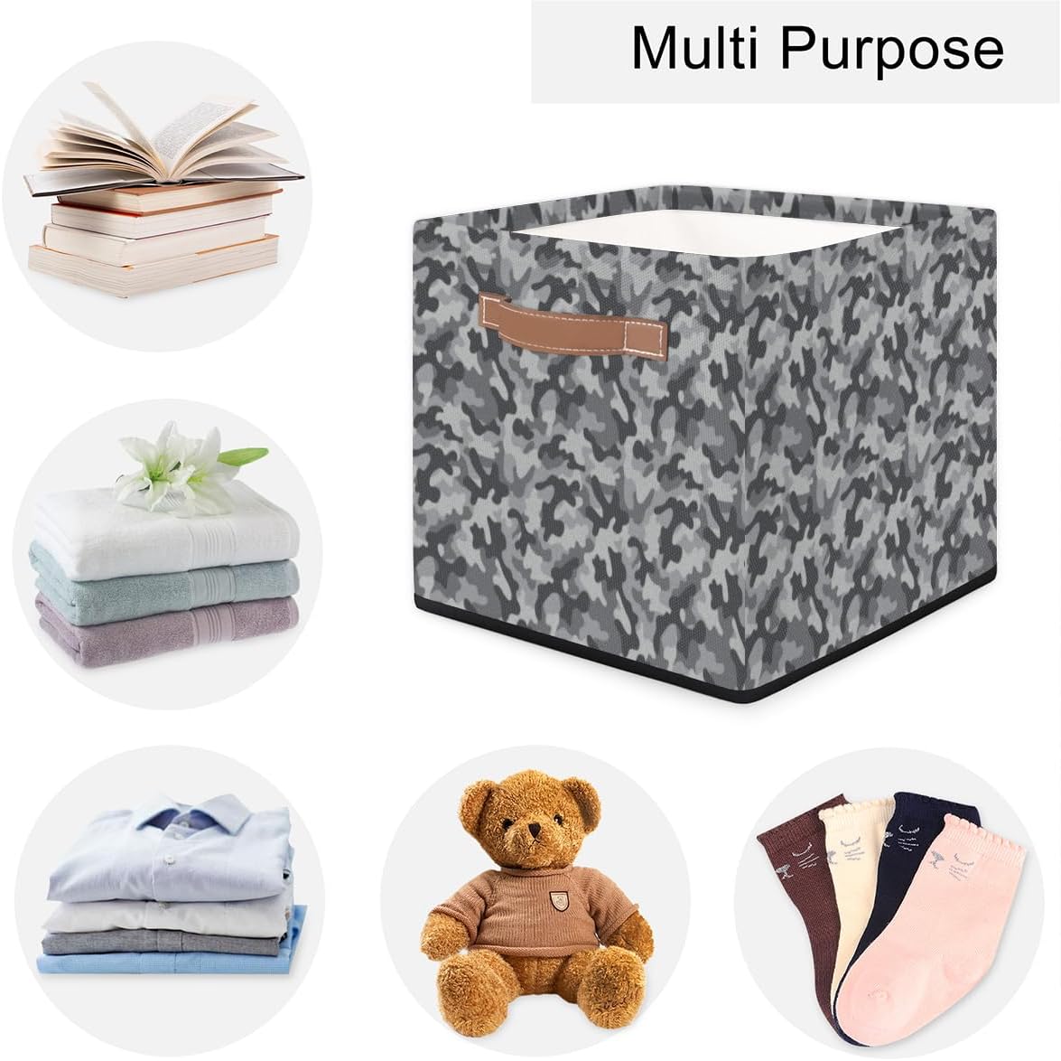 KOBLEN Modern Camouflage Square Storage Basket Collapsible Storage Box Clothes Basket 13×13 Inch Large Cube Storage Bin With PU Leather Handle for