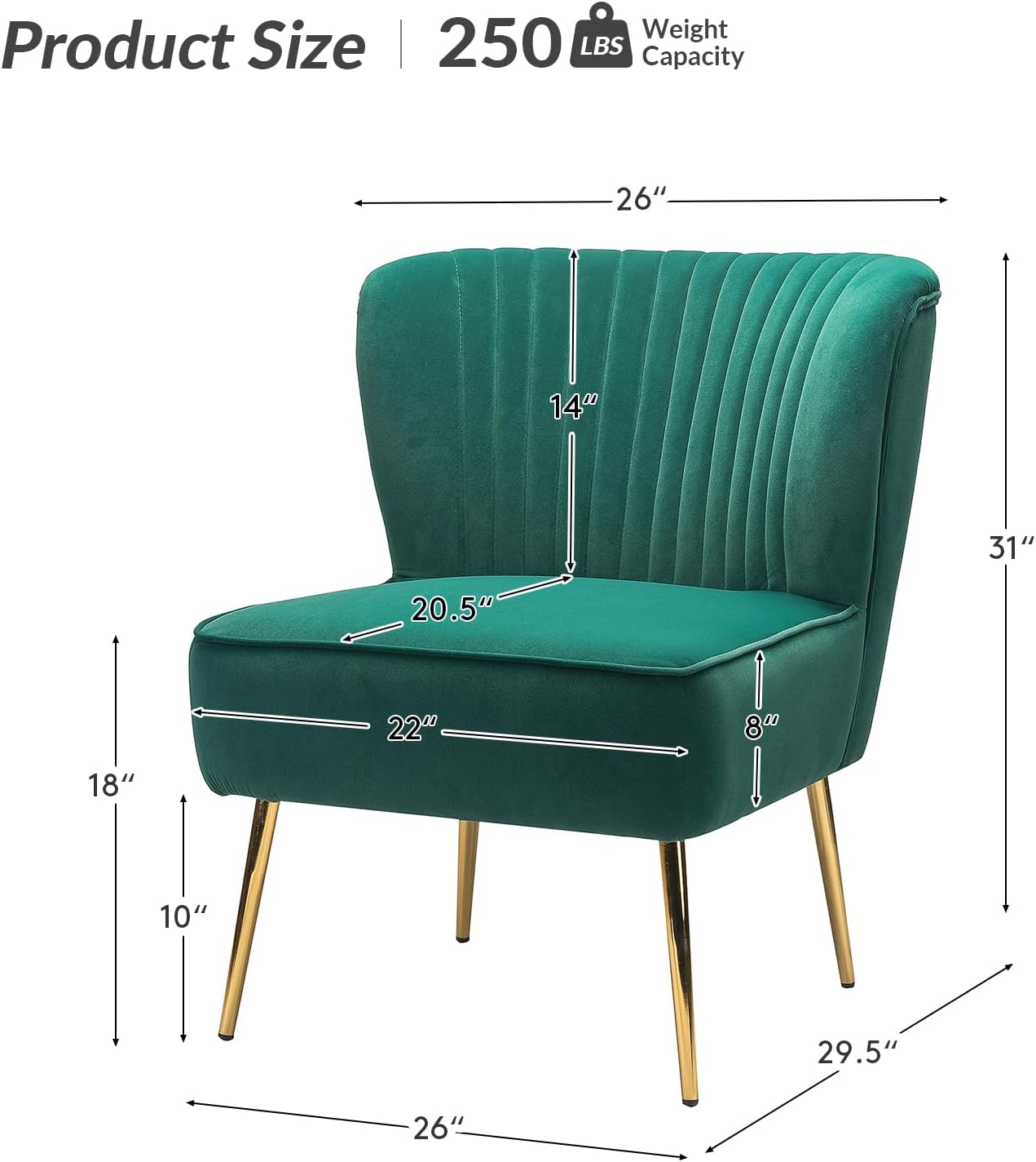 HULALA HOME Silla decorativa de terciopelo, moderna silla lateral tapizada con patas de metal dorado, silla tipo pantufla con respaldo sin brazos,