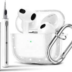 AIRSPO Funda para Airpods de 3 generación, funda para AirPods 3 con kit de limpieza, funda protectora de TPU transparente con purpurina para Apple AIRSPO Funda para Airpods de 3 generación, funda para AirPods 3 con kit de limpieza, funda protectora de TPU transparente con purpurina para Apple