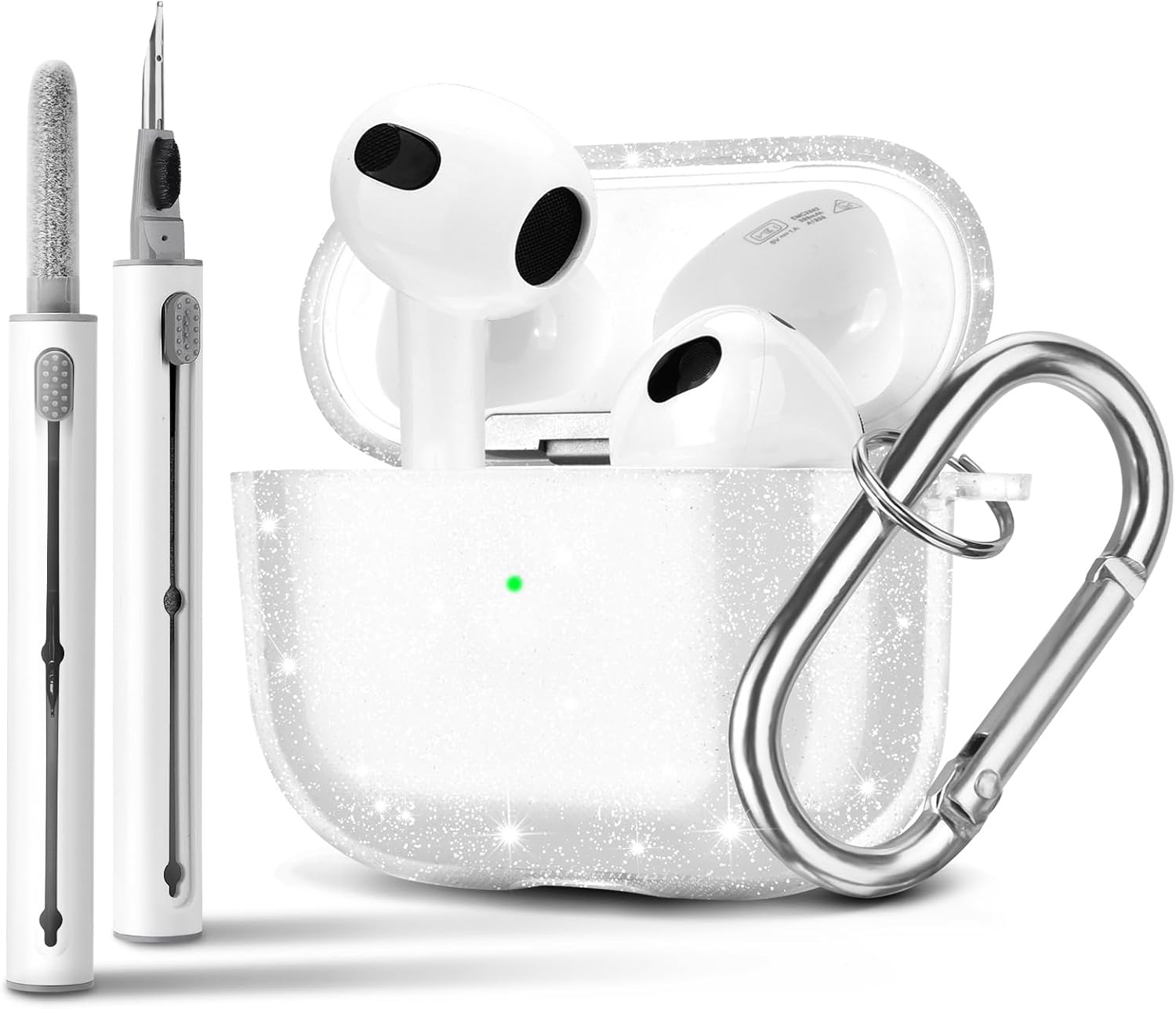 AIRSPO Funda para Airpods de 3 generación, funda para AirPods 3 con kit de limpieza, funda protectora de TPU transparente con purpurina para Apple