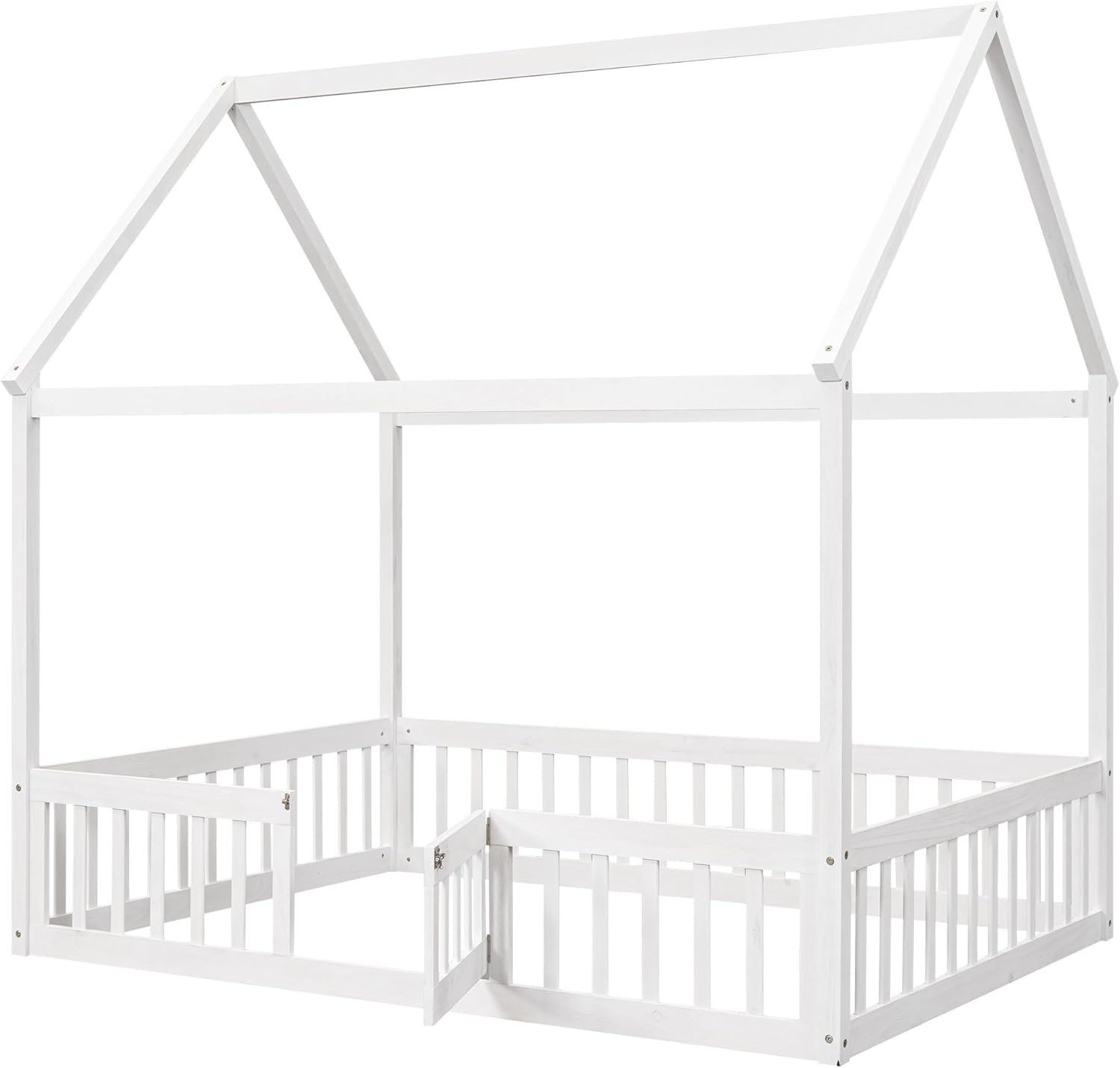 KLMM Cama de madera de tamaño matrimonial con valla y puerta, marco de cama de madera para niños o niñas, se puede decorar (valla blanca + puerta)