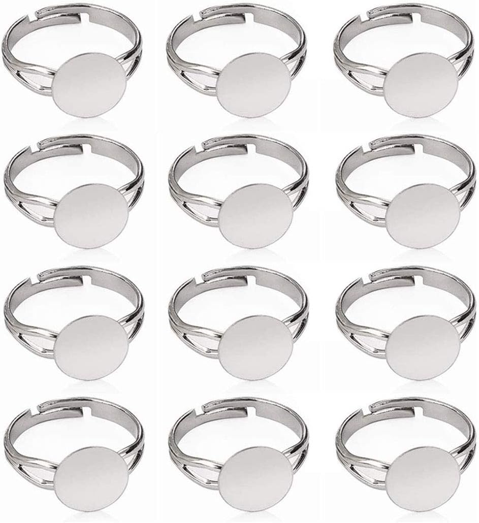 LANBEIDE 40 anillos en blanco, chapados en plata, ajustable, plano de 0.472 in, base de anillo en blanco, hallazgos de joyería en blanco