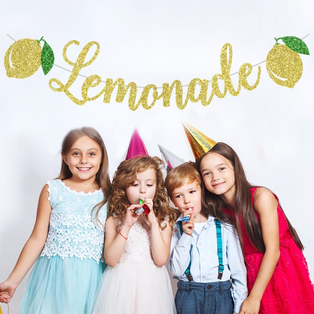 Cartel de limonada, decoración de soporte de limonada dorada con purpurina, guirnalda temática de limón, suministros para fiesta de cumpleaños de
