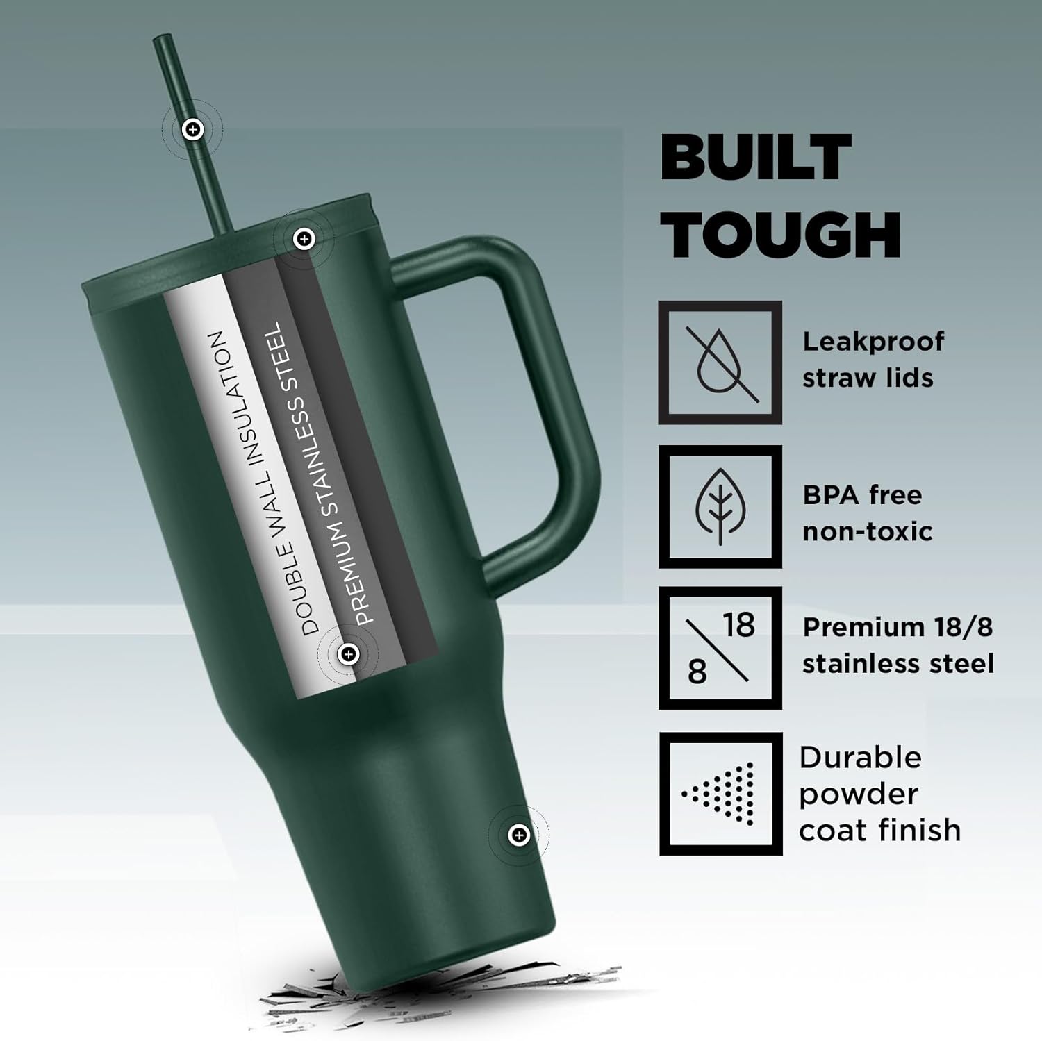 IRON FLASK Co-Pilot – Vaso aislado con popote y tapas abatibles, botella portavasos, para bebidas calientes y frías, a prueba de fugas, agua, taza