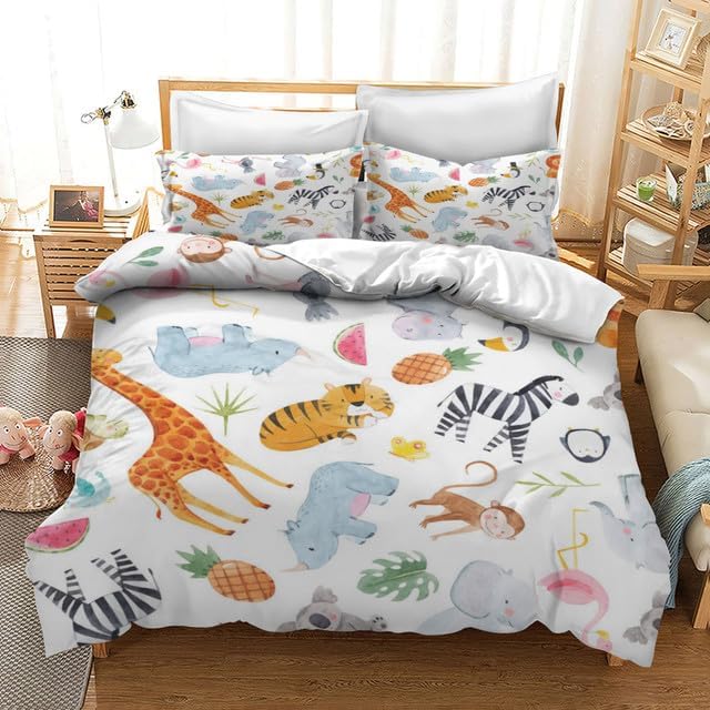 KPSheng Juego de funda de edredón de dibujos animados tamaño individual, juego de ropa de cama de animales de safari, bonito juego de funda de
