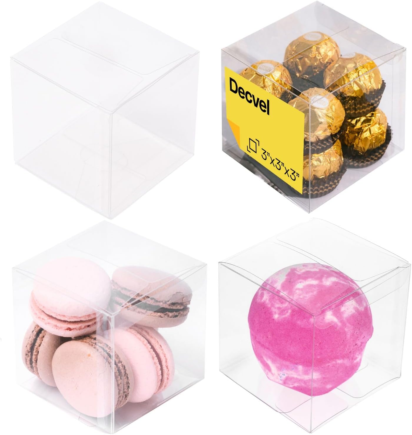Decvel Cajas transparentes de 3 x 3 x 3 pulgadas (paquete de 50)  Caja transparente de grado alimenticio, cajas de macarrón, caja de regalo
