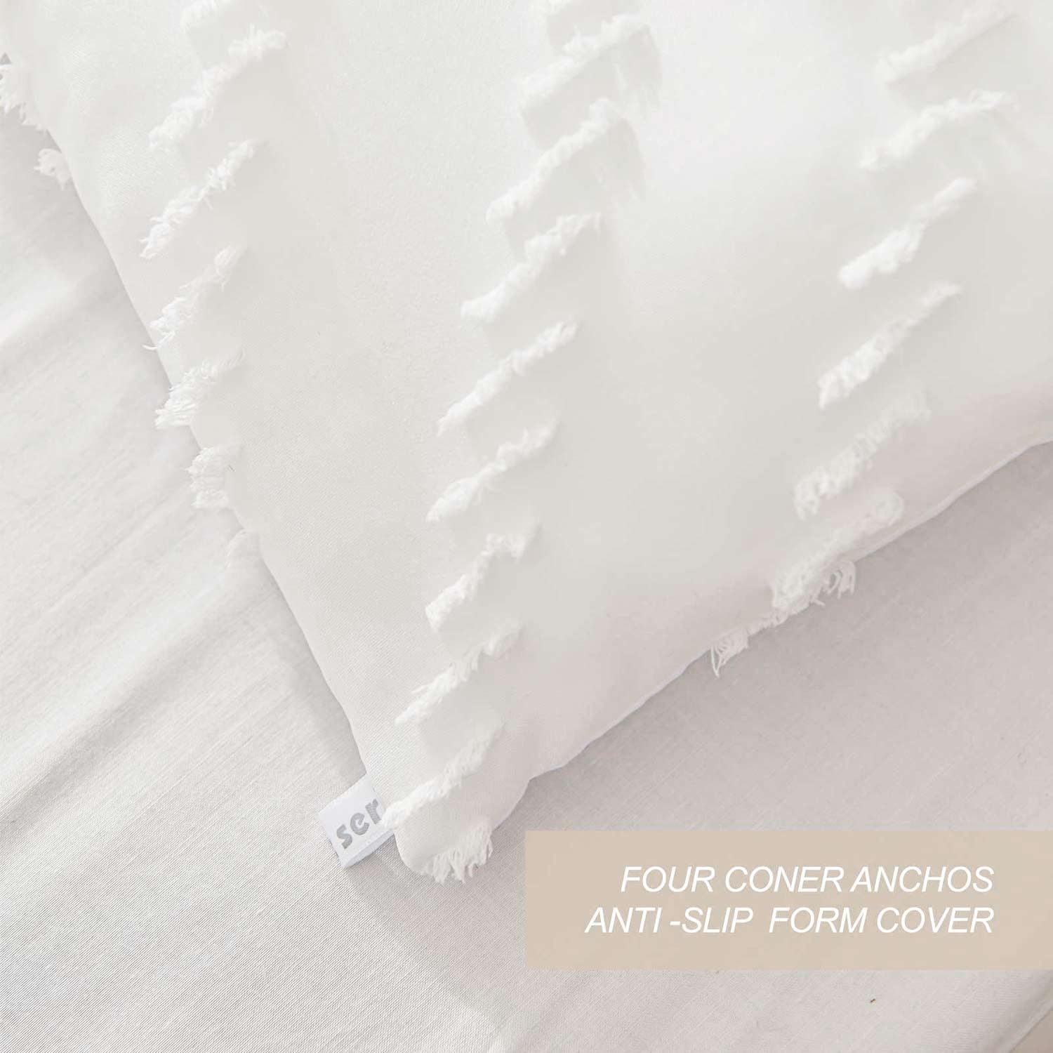 Nanko Juego de edredón de 7 piezas con sábanas, jacquard blanco copetudo, bohemio, suave, desgastado y elegante, juego de ropa de cama de microfibra