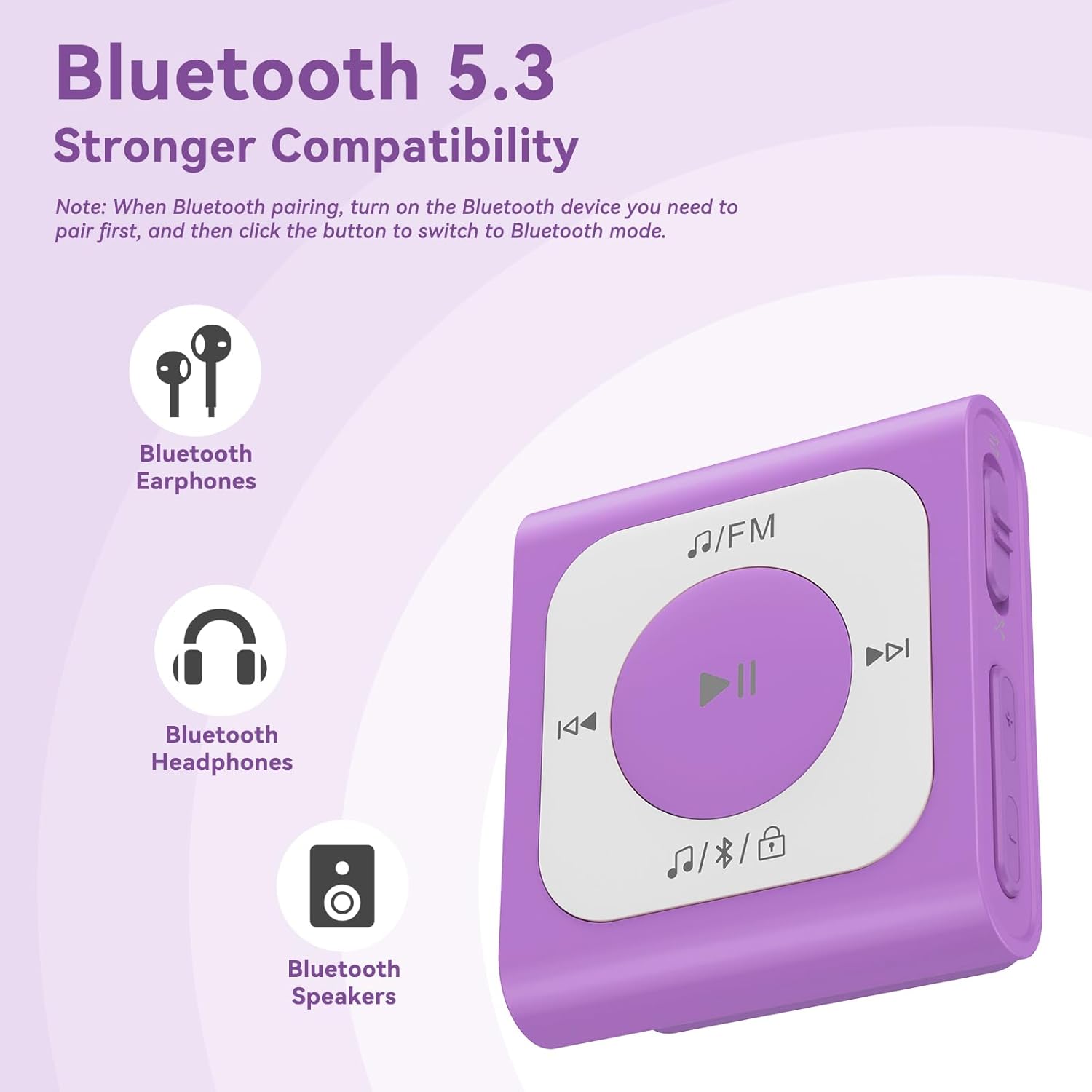 AGPTEK A51PL – Reproductor de MP3 con clip de 64 GB con Bluetooth, reproductor de música portátil con radio FM, no necesita teléfono, para deportes,