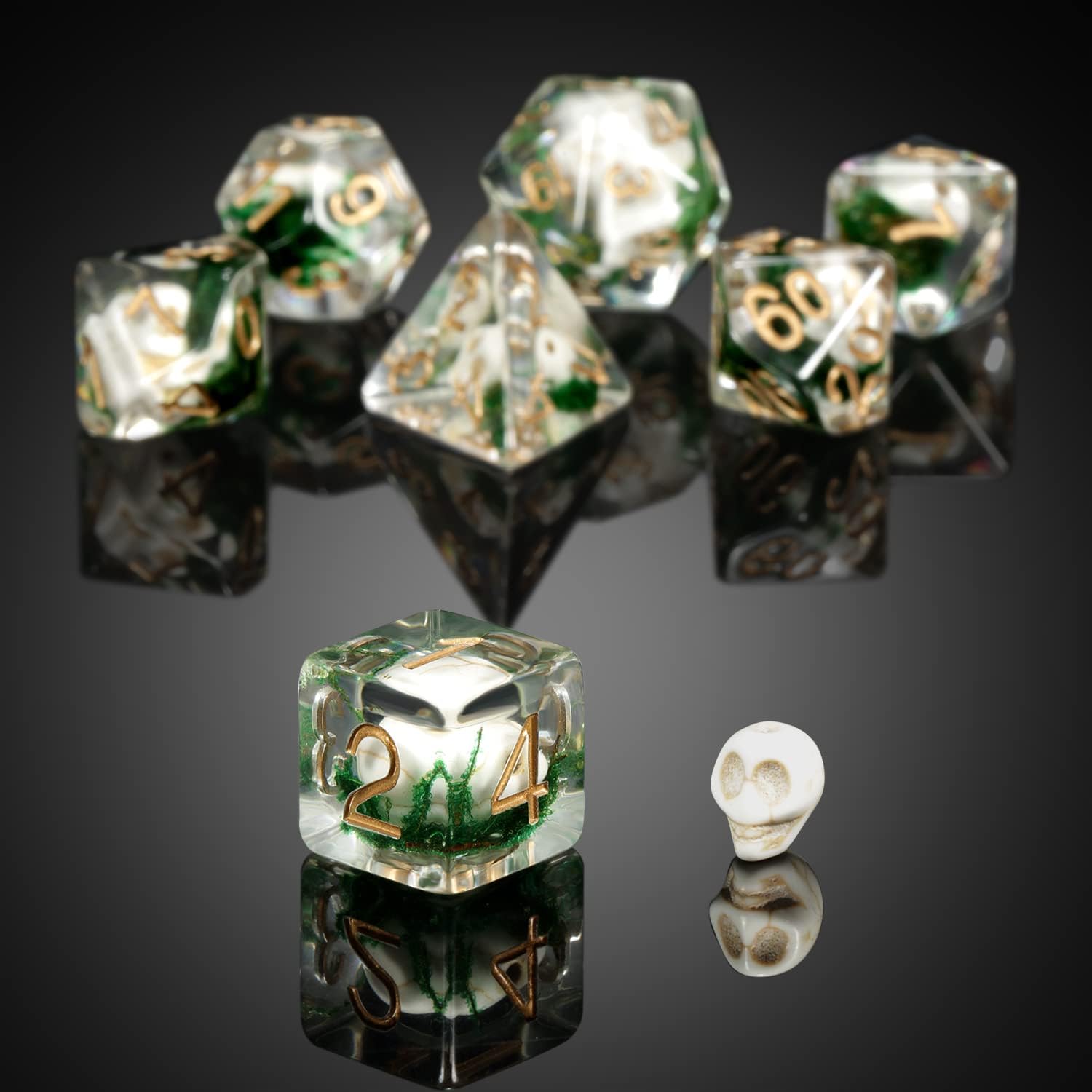 DNDND – Juego de 7 dados de resina con bolsa de terciopelo para Dungeons and Dragons, juegos de rol y juegos de mesa (calavera
