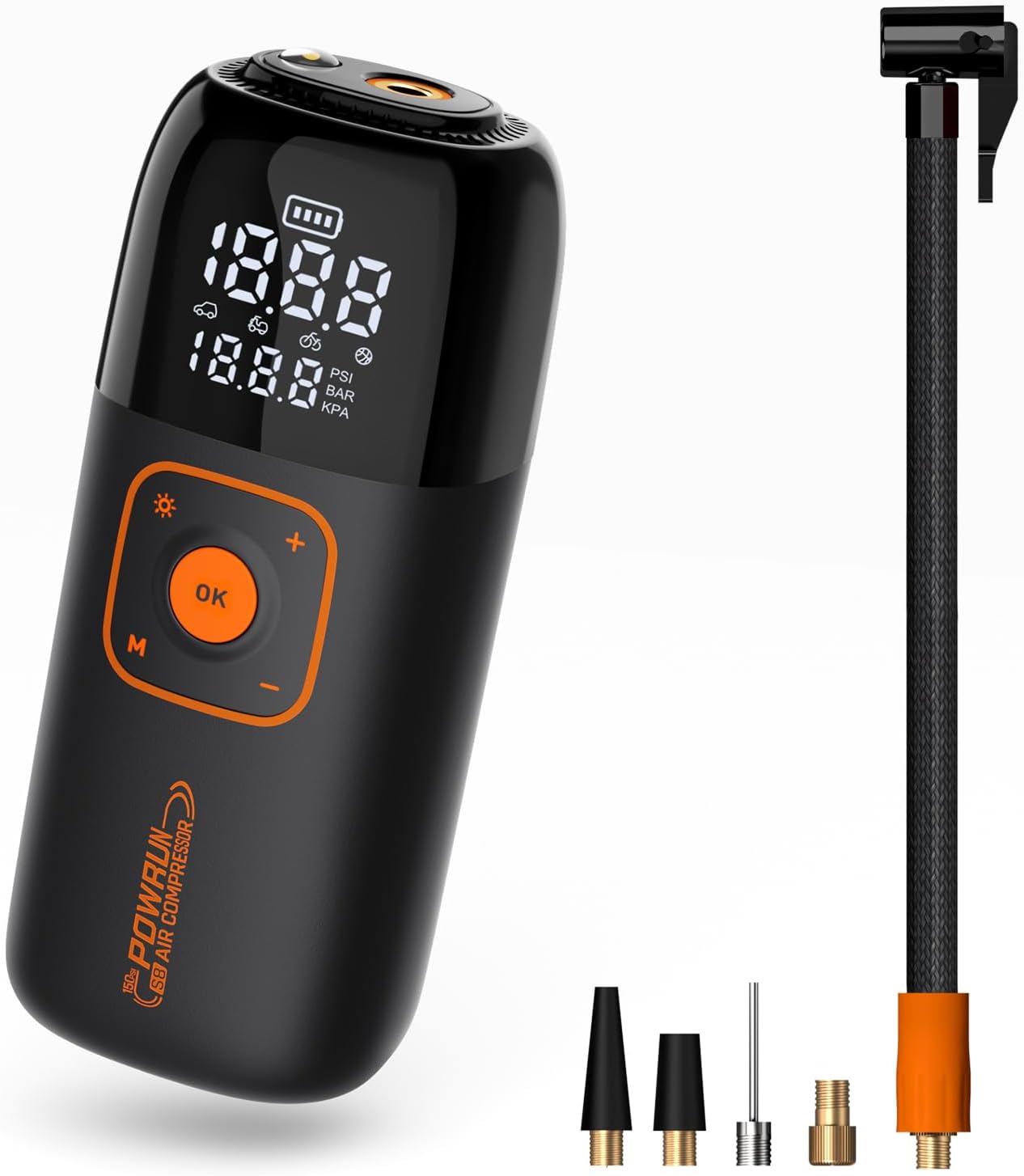 Powrun Compresor de aire portátil con inflador de neumáticos S8, bomba de neumáticos de coche de 150 PSI con batería de 6000 mAh, bomba de bicicleta