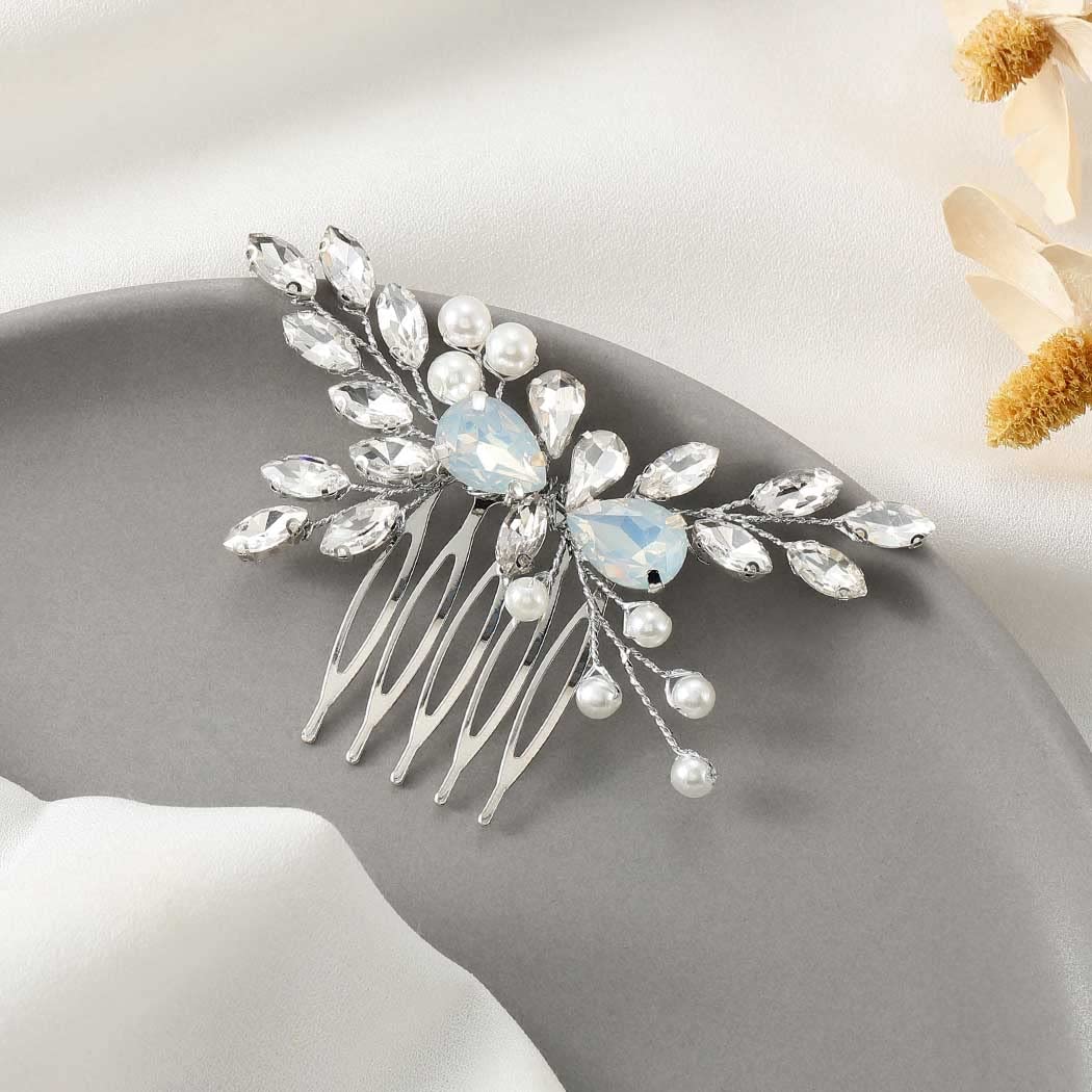 Casdre Peine de cristal para el cabello de novia, ópalo plateado, diamantes de imitación, peine lateral de boda, pieza de pelo con perlas,